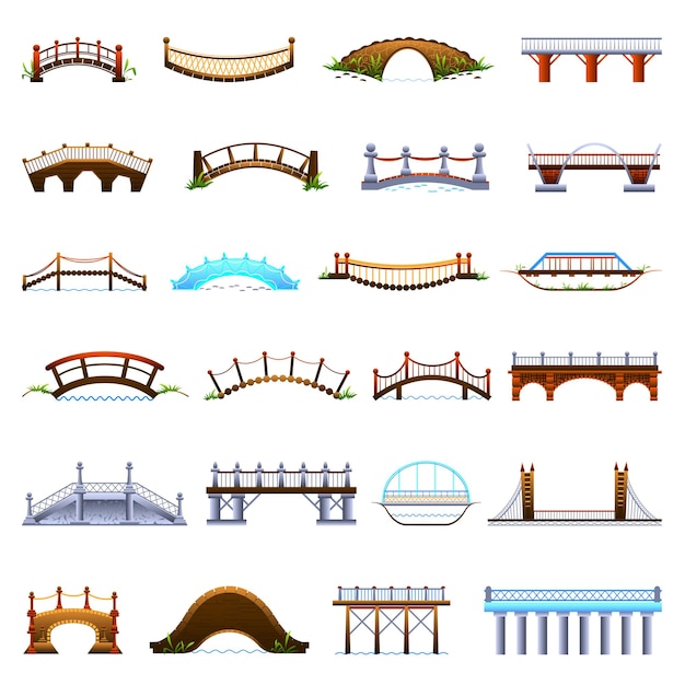 Bridges icons set. Cartoon set of bridges vector icons for web design