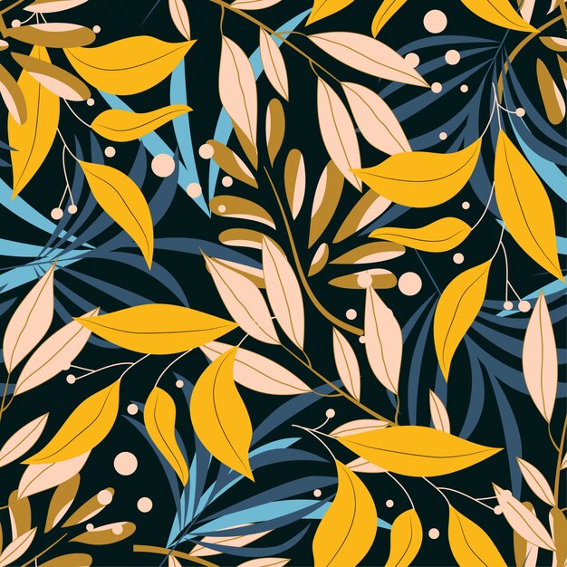 Bright abstract seamless pattern with colorful tropical leaves and plants on dark