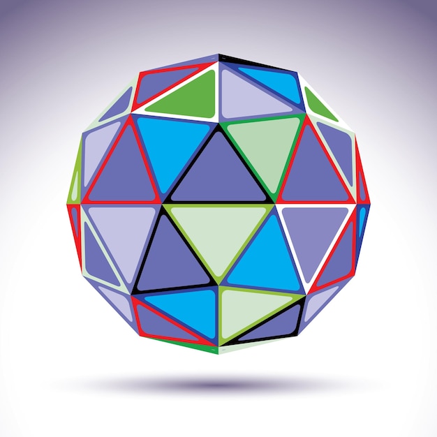 Bright abstract spherical object with kaleidoscope effect, 3d element. Modern orb constructed from colorful isosceles triangles.