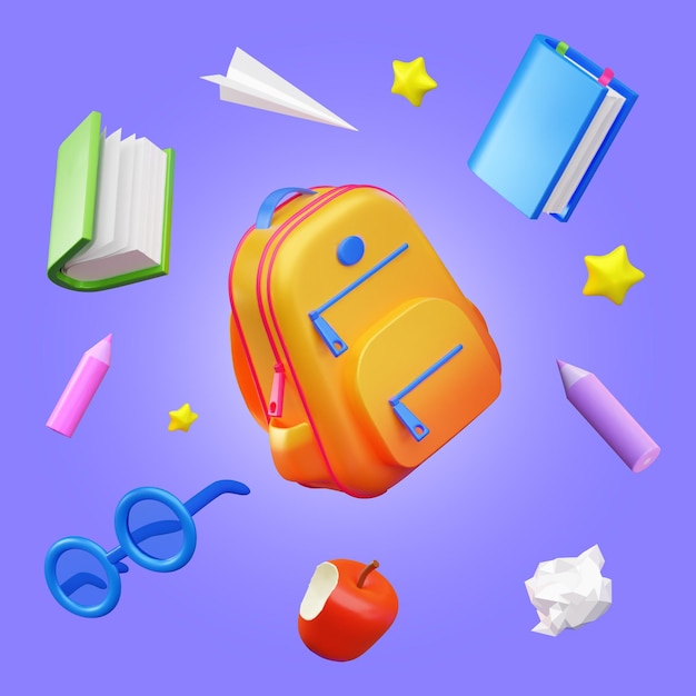 Vector a bright backpack is surrounded by items like books pencils glasses an apple and paper planes on