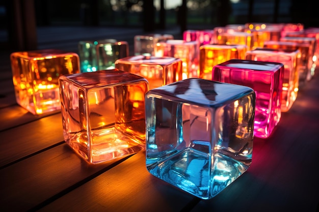 Bright and beautiful colors of different luminous ice cubes of frozen ice on a dark wooden backgroun