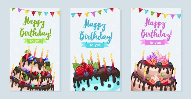 Bright birthday cakes illustration.  Happy birthday greeting card in vertical format.