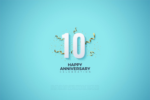 Bright blue background for 10th anniversary with numbers and little ribbon cutouts