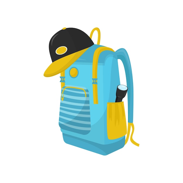 Bright blue hiking backpack with flashlight in pocket and cap Big tourist bag for adventure and camping Flat vector icon