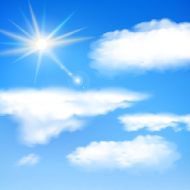 bright blue sky scenery illustration background with sun light and clouds