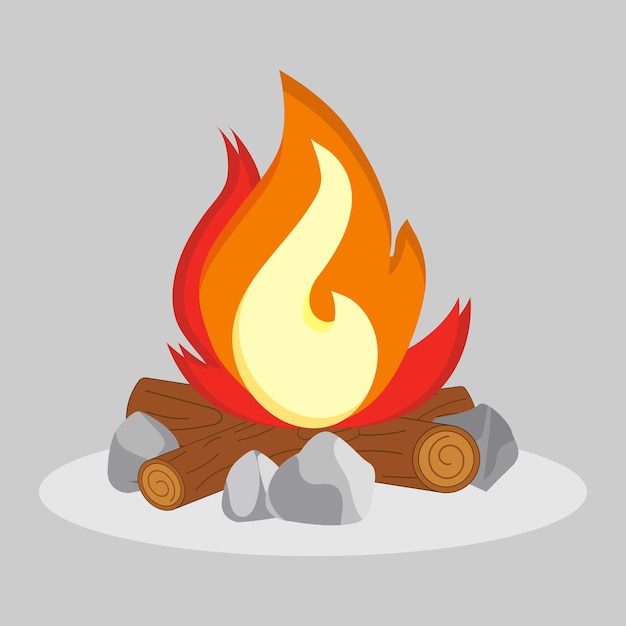 A bright bonfire with firewood and stones