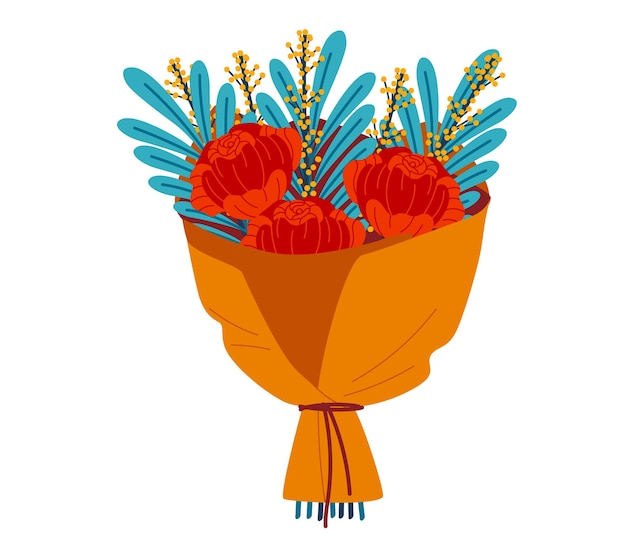 Bright bouquet of red flowers wrapped in orange paper vector illustration floral arrangement