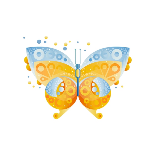 Bright butterfly with beautiful pattern on the wings. Blue and yellow. Original icon with gradients and texture. Element for postcard or notebook cover. Colorful flat vector design isolated on white.