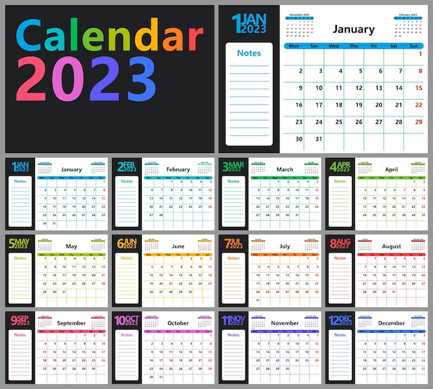 A bright calendar planner for 2023 with month of different colors and field for notes basic template