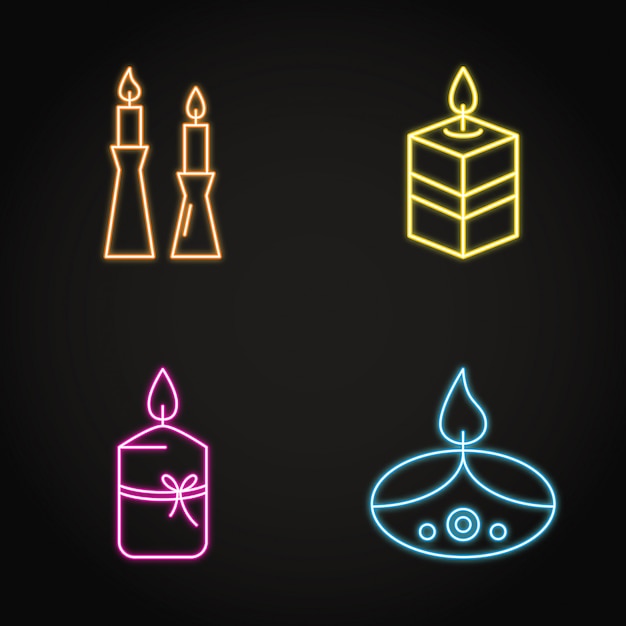 Bright candles icon set in neon line style