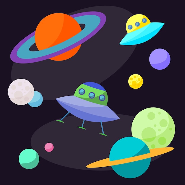 Bright cartoon cosmic illustration with ufo and funny planets in open space for use in design for card, poster, banner, placard,  brochures or billboard cover