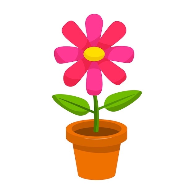 Bright cartoon flower in the pot in flat style isolated on white background.