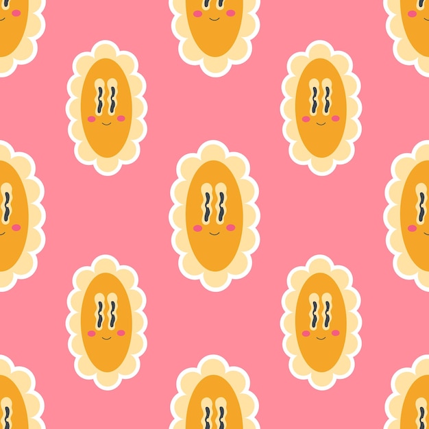 Bright cartoon groovy chamomile in s style seamless pattern on a pink background