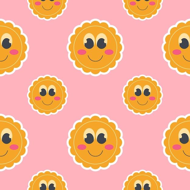 Bright cartoon groovy sun in s style seamless pattern on pink background