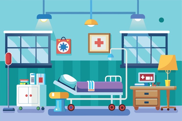 A bright cartoon hospital room is furnished with a bed medical supplies and cheerful decor for patient care Hospital room Customizable Cartoon Illustration