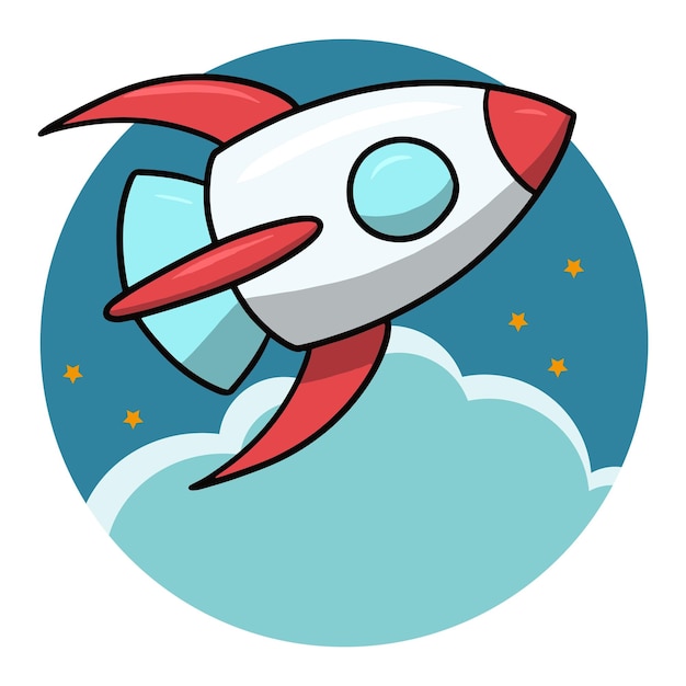 Bright cartoon space rocket flying in space among the stars vector illustration