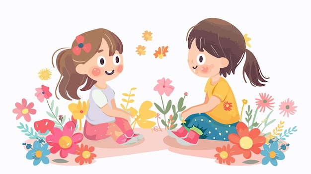 Bright cheerful two little girls sitting on floor happy kids playtime concept