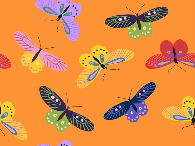 Bright childish seamless pattern with colorful butterflies Hand drawn doodle naive style