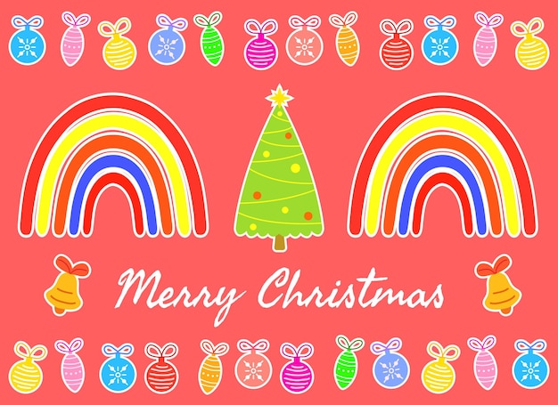 Bright Christmas card in children's style with a Christmas tree and bells rainbows garlands and Christmas toys poster for a party greetings or invitations Vector illustration