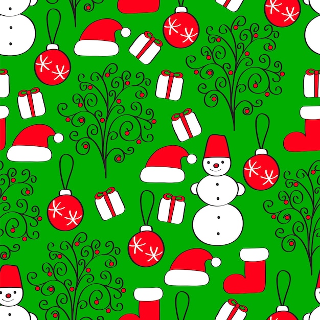 Bright Christmas seamless pattern. Snowmen, gifts, Christmas balls, Santa hats.