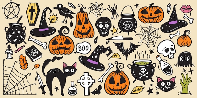 Bright collection of Halloween sticker sketch set Big set of hand drawn doodle