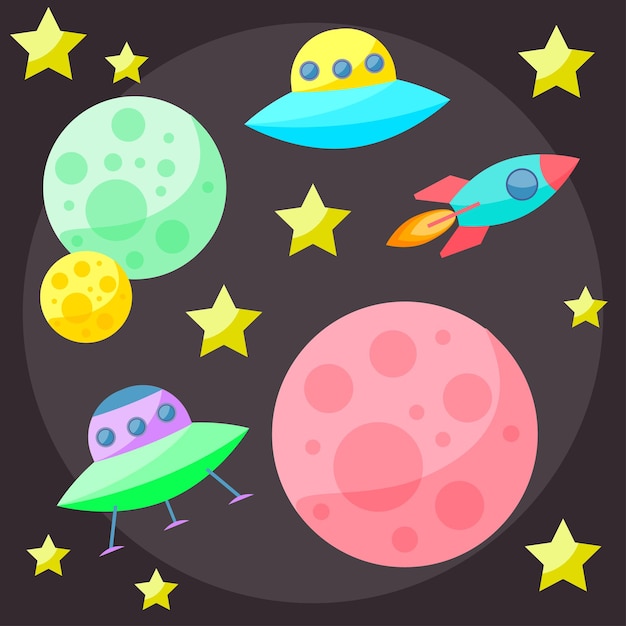 Bright colored vector space cover with colorful planets, yellow stars, ufo and spaceship on dark open space background