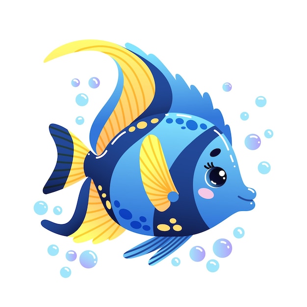 Vector bright and colorful cartoon tropical fish with vibrant blue and yellow fins with playful bubbles