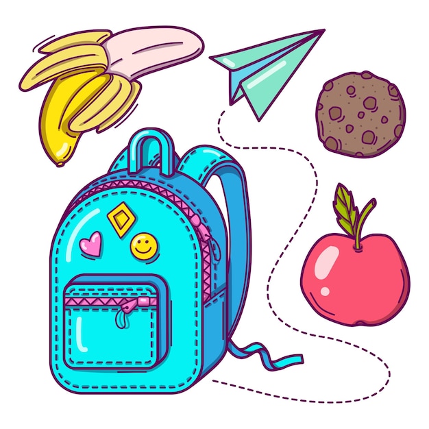 Bright colorful hand drawn set of school backpack apple banana and cooky Isolated on white background