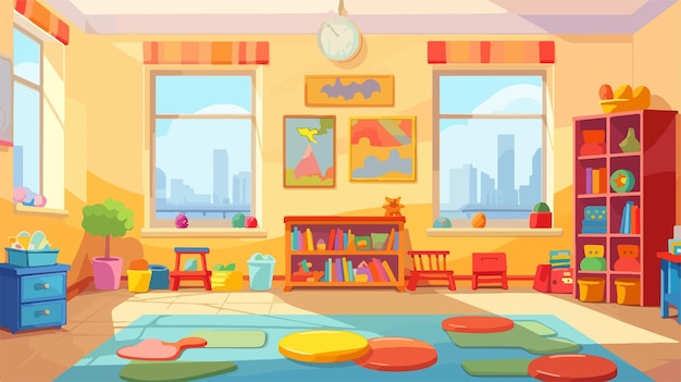 Vector bright and colorful kindergarten toy room for kids classroom nursery