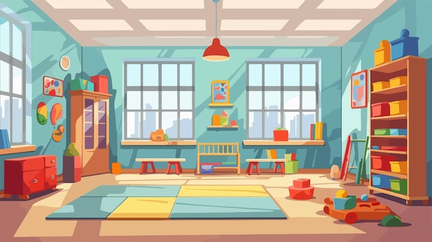 Vector bright and colorful kindergarten toy room for kids classroom nursery