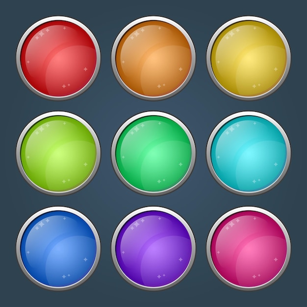 Bright colorful rounded circle glossy buttons set with pressed versions.