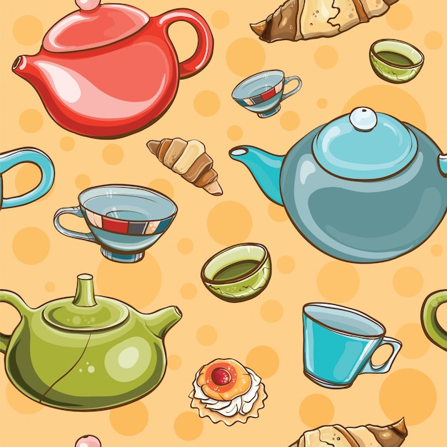 Bright colorful seamless pattern with tea set. Tea time. 