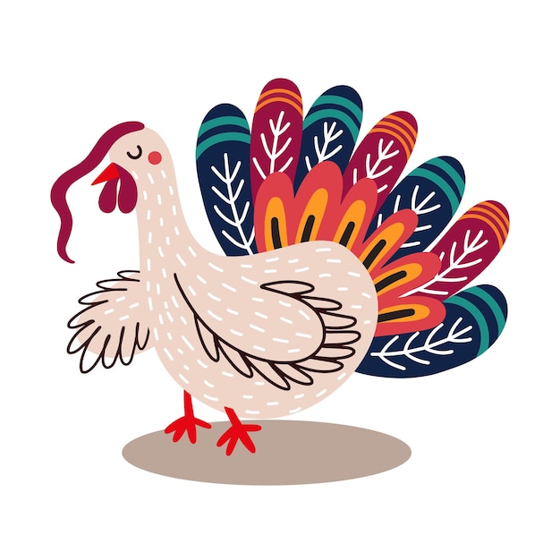 Bright colorful vector illustration of traditional Thanksgiving symbol of cute funny turkey isolated on white background