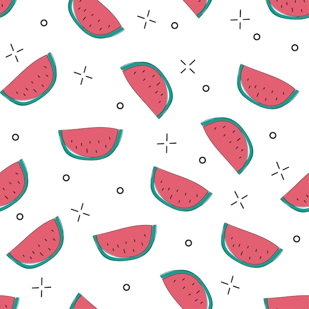 Bright colorful vector seamless pattern with sliced watermelons. Doodle colors and shapes. Pink on white background