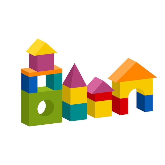 Bright colorful wooden blocks toy. Bricks childrens building tower, castle, house.  volume style illustration isolated on white background.