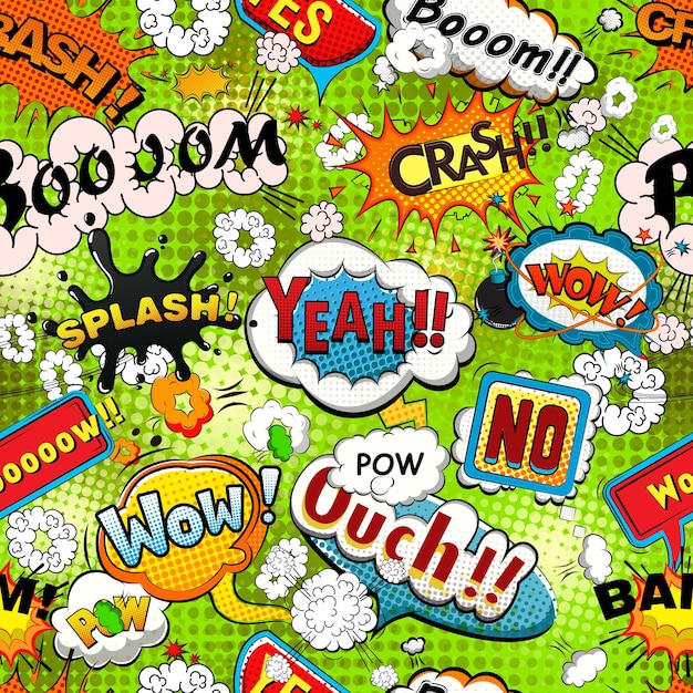 Bright comics speech bubbles on a green background seamless pattern vector