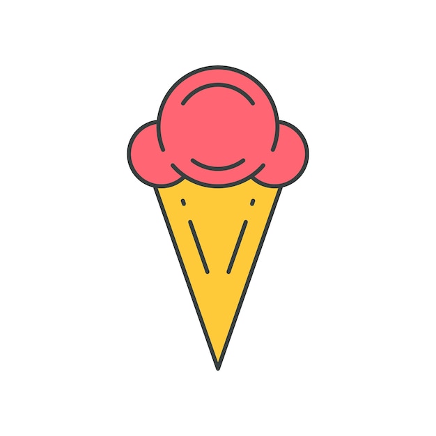 Bright contoured pink creamy ice cream in waffle cone summer dessert pop art groovy vector cartoon