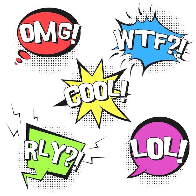 Bright contrast retro comic speech bubbles set with colorful OMG, WTF, LOL, RLY, COOL words