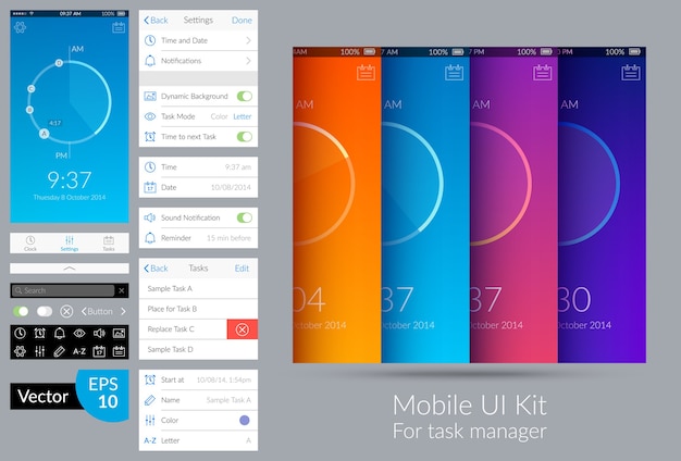 Bright design mobile ui kit for task manager flat illustration