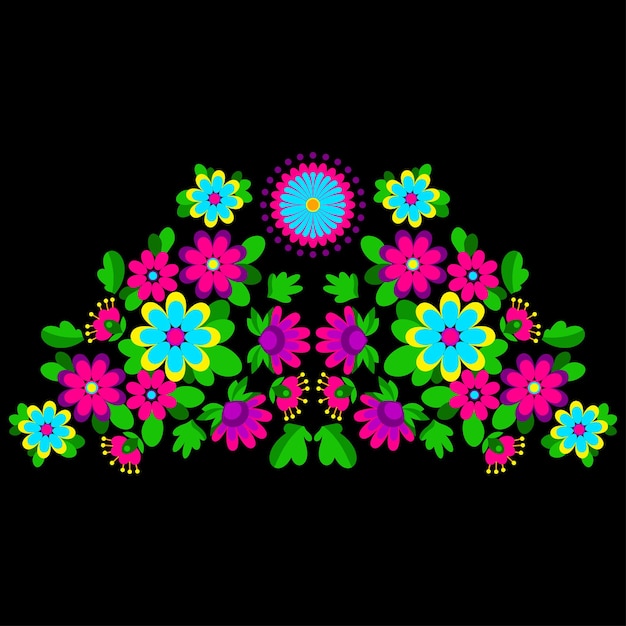 Vector bright ethnic blue and pink floral mexican embroidery