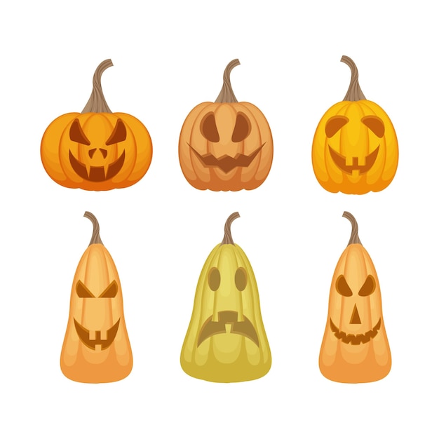 A bright festive set with the image of emotional pumpkins of various shapes and colors symbolizing Halloween Orange pumpkins with different emotions The terrible expression on JackoLantern s face