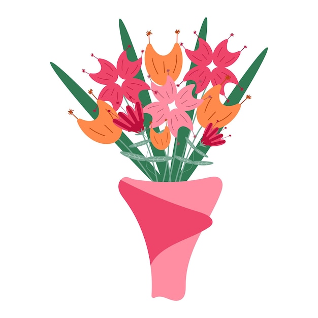 Vector bright floral bouquet with a variety of flowers in a paper bag floral composition in flat style