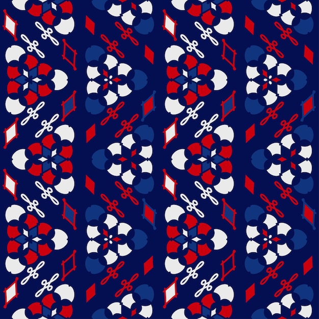 Bright geometric seamless ornament with elements of blue red and white Print on fabric for pastel