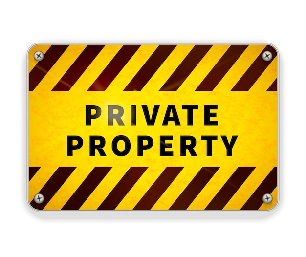 Bright glossy metal plate, private property warning sign template on white