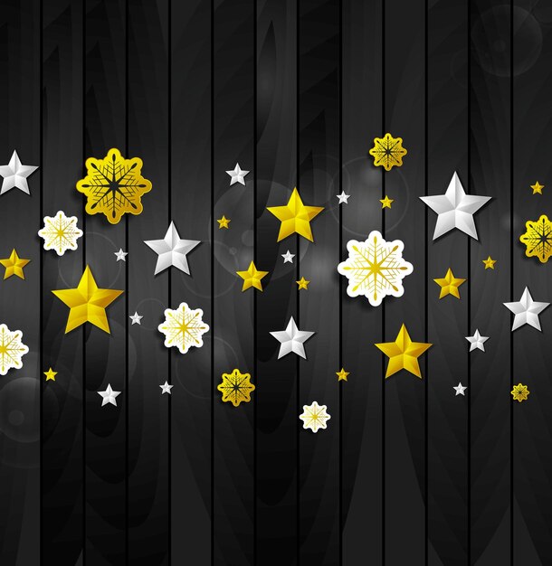 Bright golden silver stars and snowflakes on dark wooden background Christmas or New Year 2018 vector greeting card design