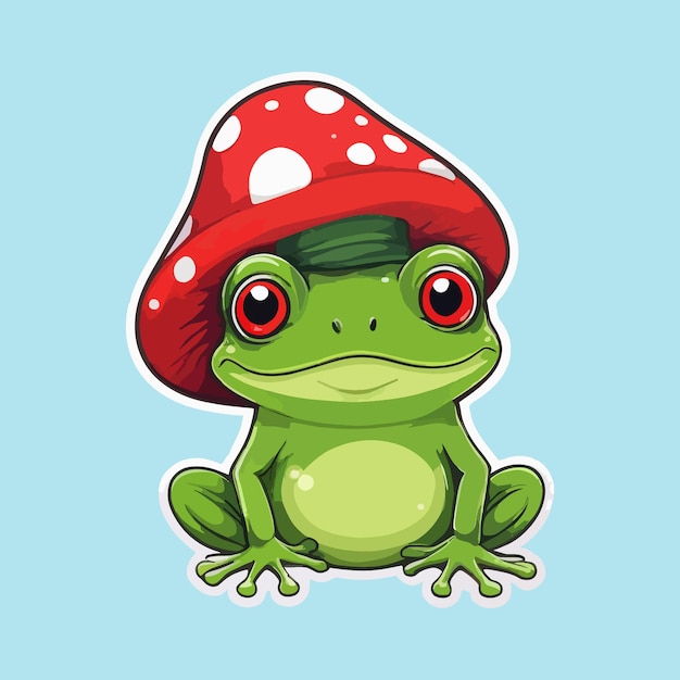 Bright green frog with red mushroom