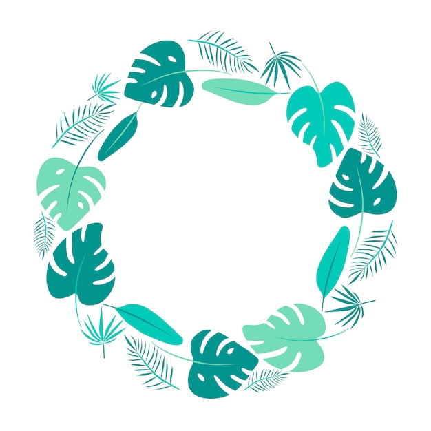 Bright green tropical leaves round frame