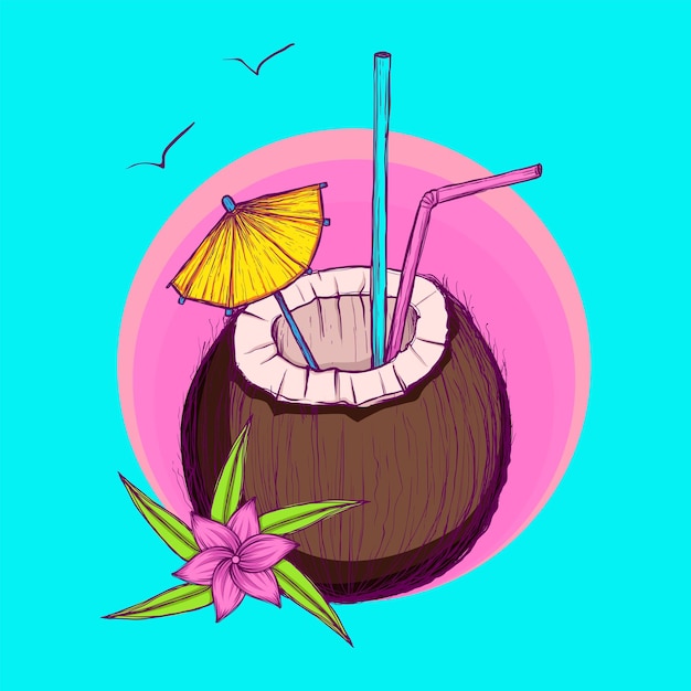 Bright hand drawn exotic coconut cocktail with flower Vector Illustration