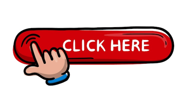 A bright hand drawn red button with the text click here and a hand icon Vector element for website