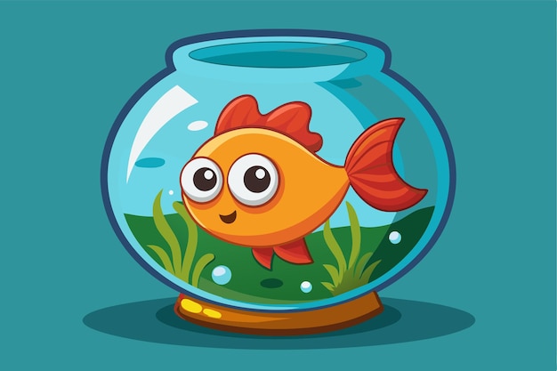 Vector a bright happy goldfish swims in its round bowl surrounded by green plants and bubbles fish bowl customizable cartoon illustration